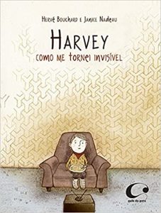 capa do livro Harvey: como me tornei invisível com um menino tristonho sentado em uma poltrona